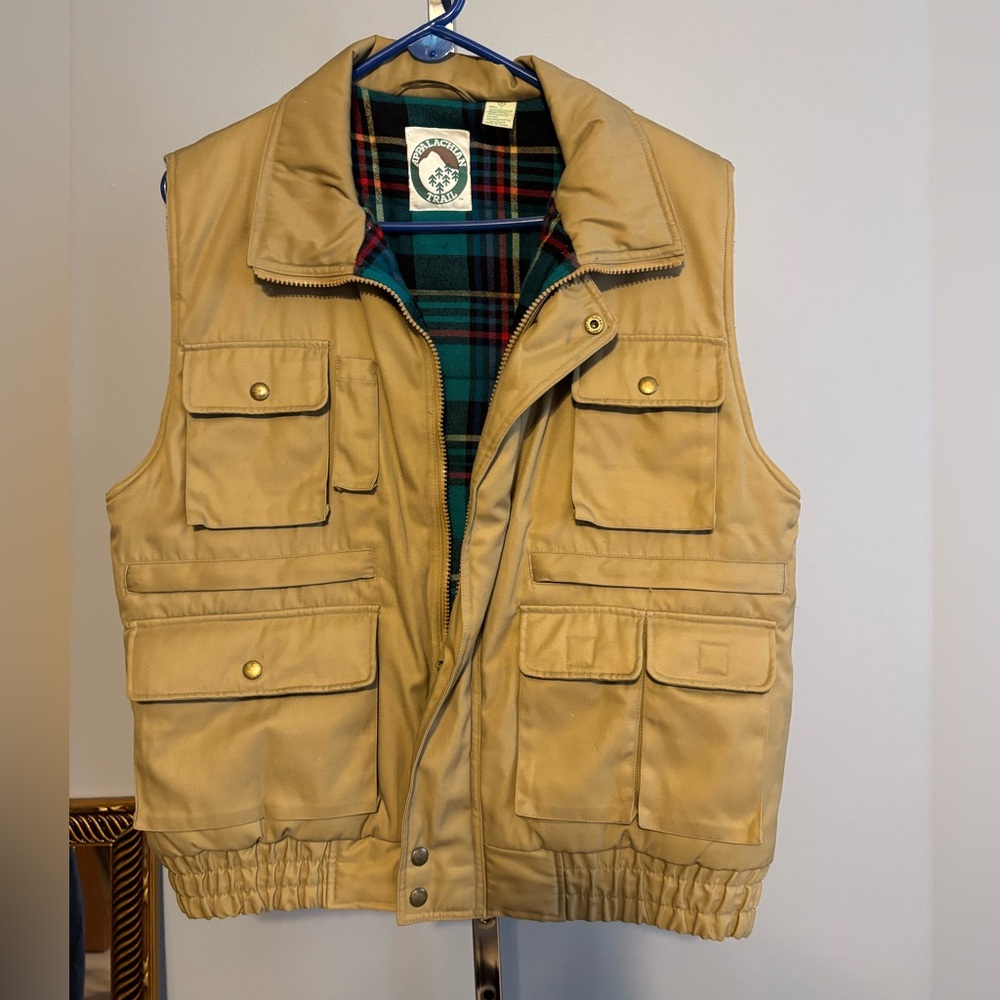 Vtg Appalachian Trail Vest Mens med Flannel Lined Beige Snap Button zipper‎